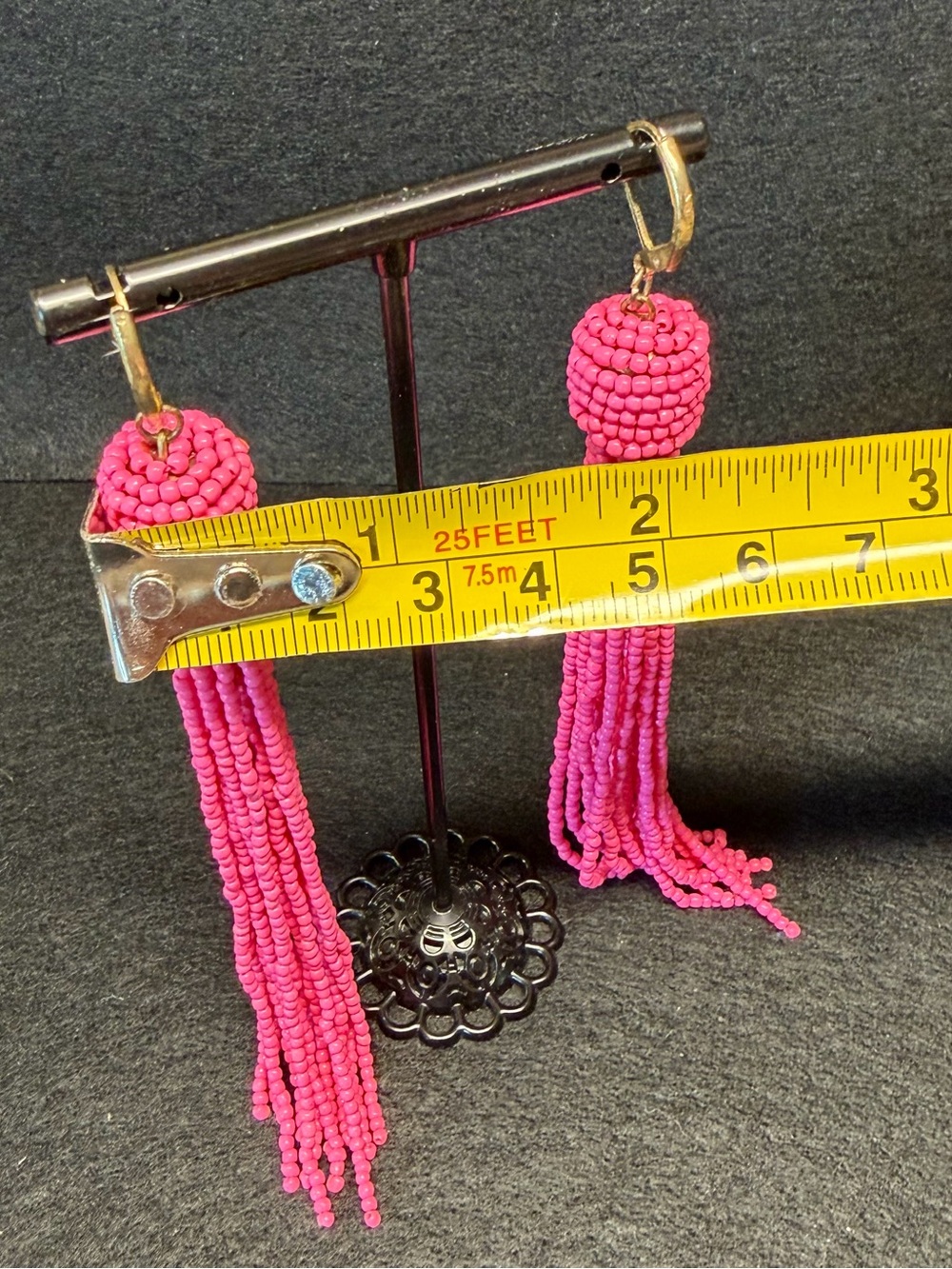 Artisan Made Fuchsia Hot Pink Beaded Tassel Earrings 5” Boho Statement Dangles - Picture 8 of 8